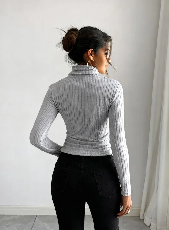 Take Two Women Grey Ribbed Turtleneck Top